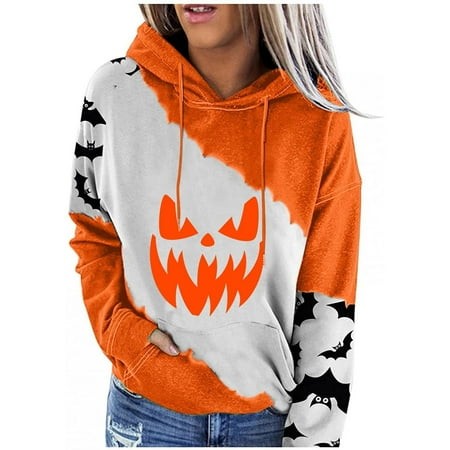 Wxiwmx Halloween Town Sweatshirt Funny Printed Sweatshirts Long Sleeve O-Neck Sweater Loose Fit Pullover Tops Orange 2XL