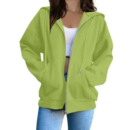 Fanxing Teen Girls Y2K Sweatshirts Full Zip Fleece Hoodies Juniors Trendy Solid Zip up Jackets Casual Oversized Sweatshirt with Hood Under 20 Mint Gre
