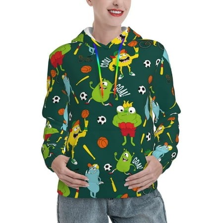 Jgfou Sport Monster Print Loose Hoodie Top Casual Long Sleeve Sweatshirts Women Basic Hooded Sweatshirt Pullover Tops-X-Large