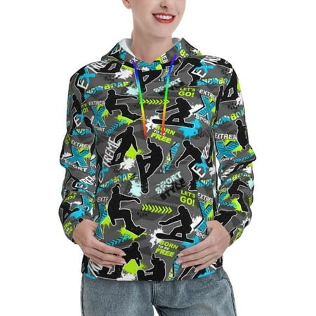 Jgfou Sport Sonw Board Print Loose Hoodie Top Casual Long Sleeve Sweatshirts Women Basic Hooded Sweatshirt Pullover Tops-X-Large