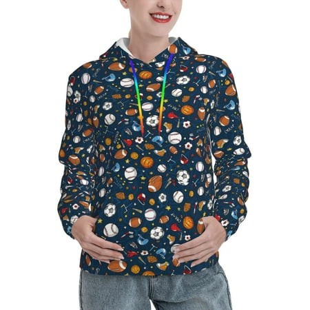 Jgfou Ball Sports Print Loose Hoodie Top Casual Long Sleeve Sweatshirts Women Basic Hooded Sweatshirt Pullover Tops-X-Large