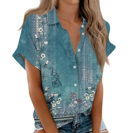 Wxiwmx Linen Shirts for Women Cotton Womens Short Sleeve Shirts V Neck Collared Button Down Blouse Tops Cyan L