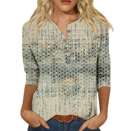 Wxiwmx Womens 3/4 Length Sleeve Tops Casual Button Down Summer Tops for Women Loose Fit Three Quarter Length Sleeve Blouses Khaki L