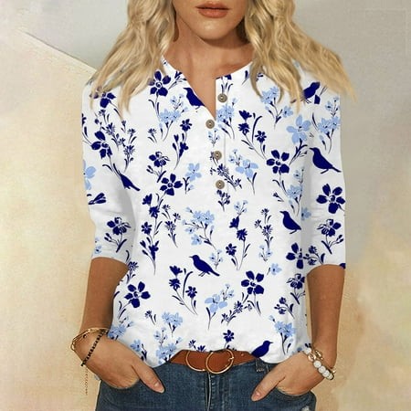 Wxiwmx Womens Tops Summer 3/4 Sleeve Button Down Henley Neck Shirts Three Quarter Length Sleeve Tee Blouses Floral Tunics Blue 2XL