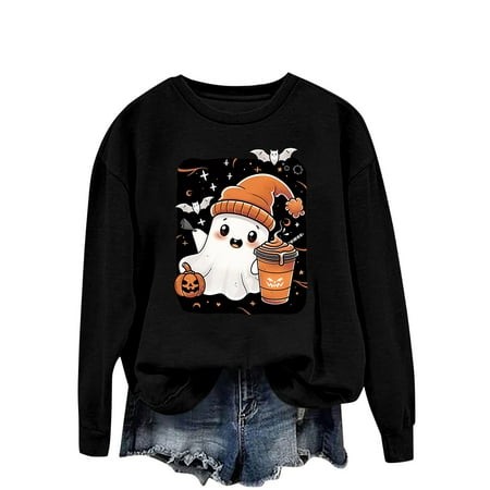 QingYiHua Halloween Sweatshirts for Women 2026 Funny Ghost Graphic Oversized Crewneck Sweatshirt Cute Long Sleeve Tops Pullover Fall Winter Tops Sale 