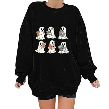 QingYiHua Halloween Sweatshirts for Women Ghost Reading Books Sweaters Cute Spooky Bookish Tunic Tops 2026 Fall Winter Pullover Tops Clearance