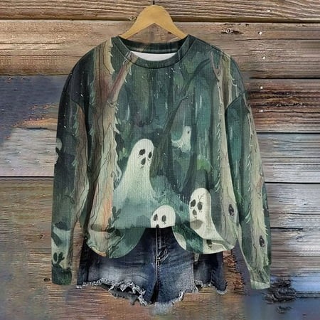 NTRiLkUR Womens Sweatshirts Halloween Spooky Ghost Graphic Pullover Tops 2024 Funny Holiday Blouse Loose Casual Shirt