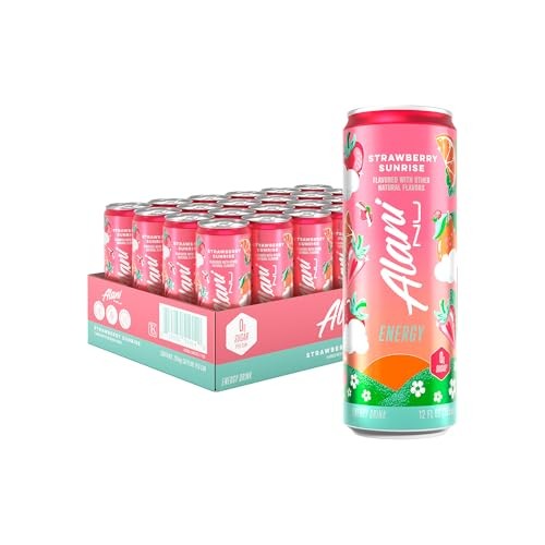 Alani Nu STRAWBERRY SUNRISE Sugar Free, Low Calorie Energy Drinks, 200mg Caffeine, Biotin B Vitamins, Zero Sugar, 10 Calories, 12 Fl Oz Cans, 24 Pack