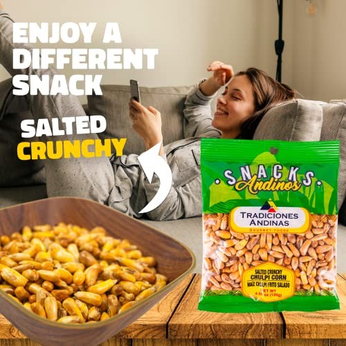 Tradiciones Andinas Salted Crunchy Chulpe Corn 4.59 Oz - Snack Chulpi Frito Y Salado, Salty Fried, Peruvian Products Ready to Eat, Individual Bags, Pr thumbnail