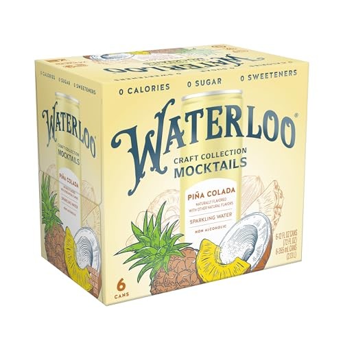 Waterloo Craft Collection Mocktails, Piña Colada Naturally Flavored Non-Alcoholic Sparkling Beverage, 12 Fl Oz Cans (Pack of 6)  Zero Calories, Zero 