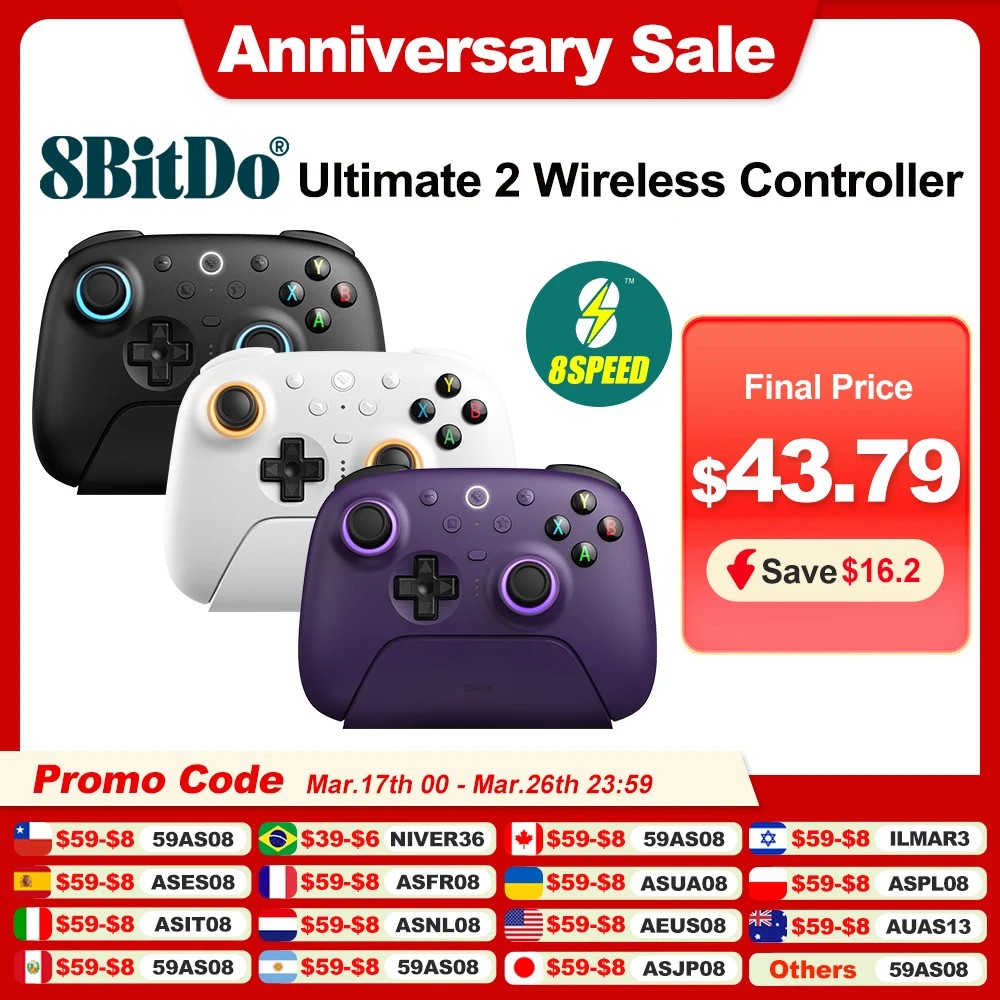 8BitDo - Ultimate 2 Wireless Controller with Hall Effect Triggers, TMR Joysticks and Integrated Charging Dock - White
