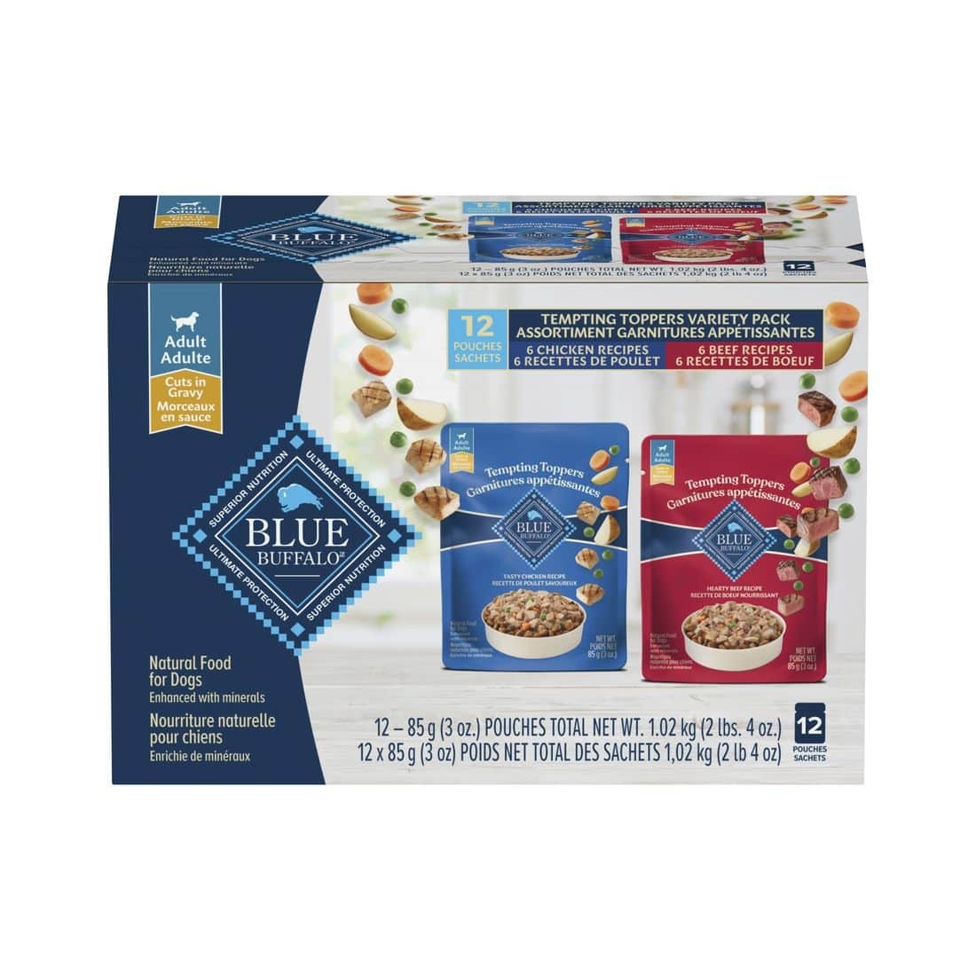 Blue Buffalo Tempting Toppers Natural Wet Dog Food Topper, Beef and Chicken Dinner Pouch, 85-g, 12-pk