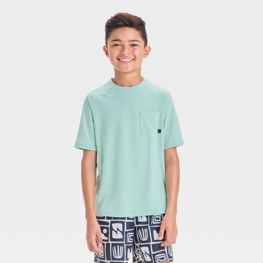Boys' Short Sleeve Solid Ocean Spray Rash Guard Top - Art Class™ Green S: UPF 50+, Fit, Jersey