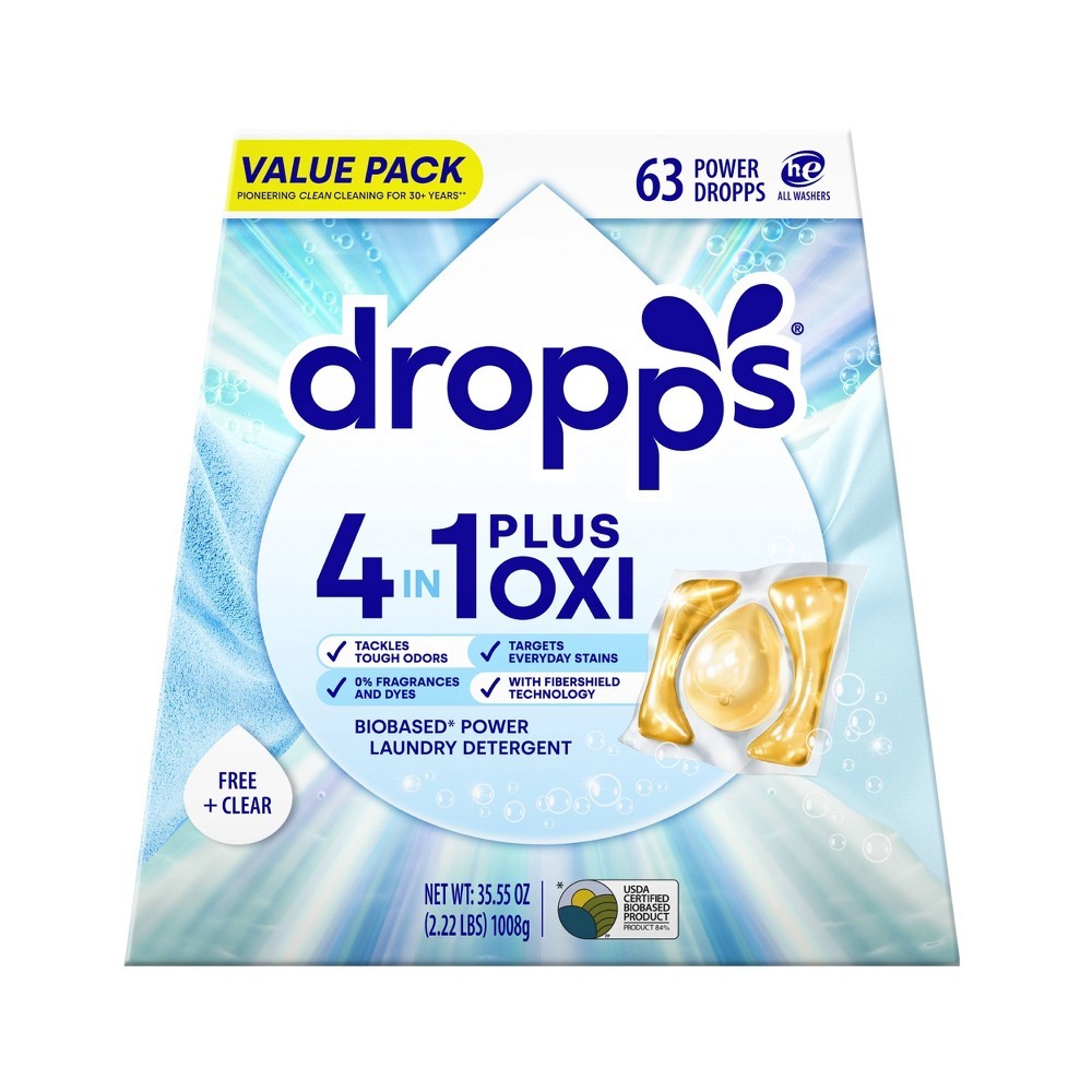 Dropps Unscented Free & Clear 4-in-1 Plus Oxi Power Biobased HE Deep Cleaning Concentrated Laundry Detergent Pods 63 Pacs - 35.55oz