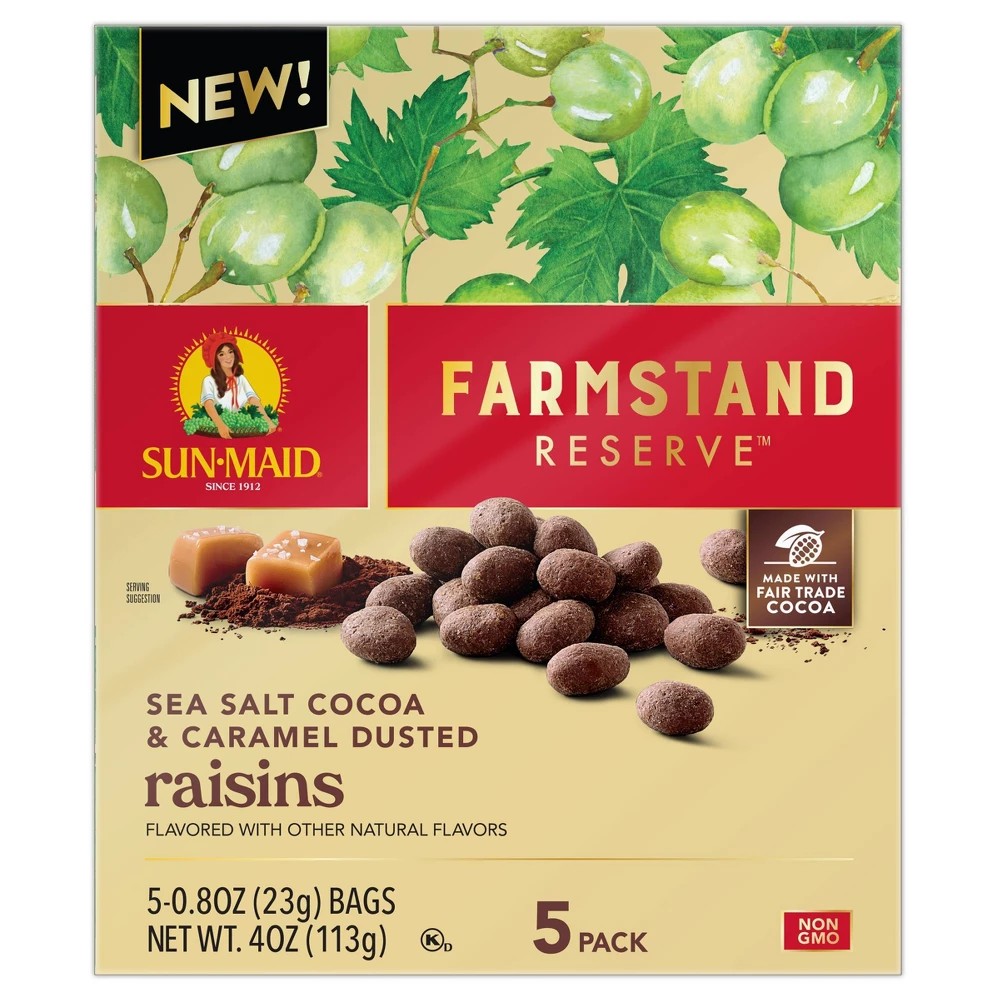 Sun-Maid, Farmstand Reserve™, Raisins, Sea Salt Cocoa & Caramel Dusted, 5 Packs, 0.8 Oz (23 G) Each