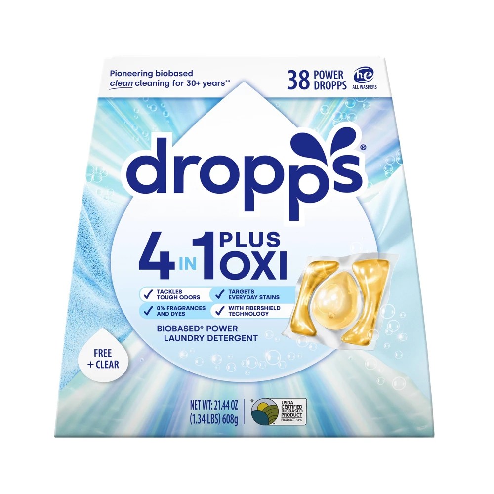 Dropps Unscented Free & Clear 4-in-1 Plus Oxi Power Biobased HE Deep Cleaning Concentrated Laundry Detergent Pods 38 Pacs - 21.44oz