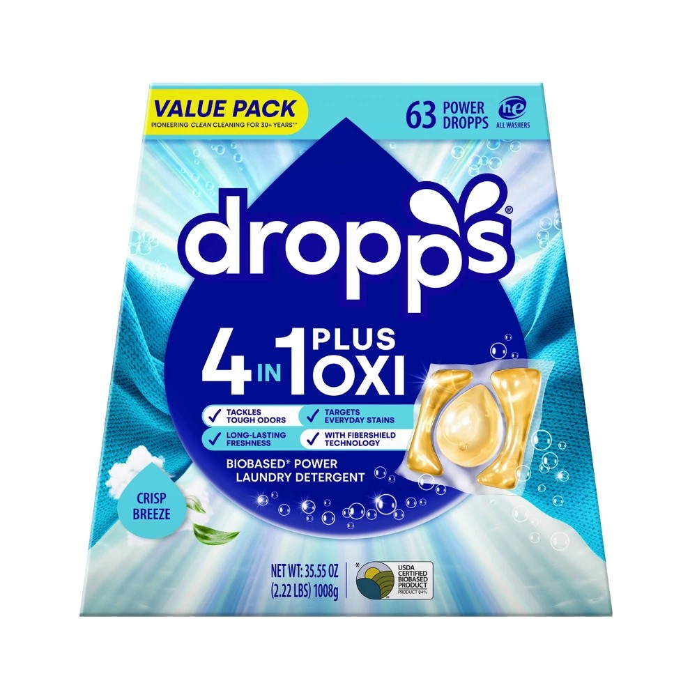 Dropps Crisp Breeze 4-in-1 Plus Oxi Power Biobased HE Deep Cleaning Concentrated Laundry Detergent Pods 63 Pacs - 35.55oz