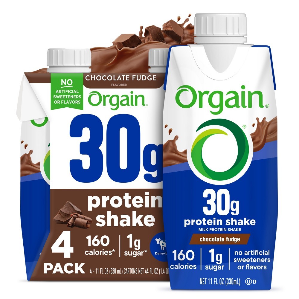 Orgain 30g Milk Protein Shake, Chocolate Fudge 4 Cartons (11 Fl Oz Each)
