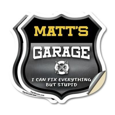 Matt S Garage I Can Fix Everything but Stupid (2 Pack) 6 Inch X 6 Inch Shield Shaped Heavy Duty 3.2 Mil Vinyl Decals to Last  Gift for Dads and Uncles