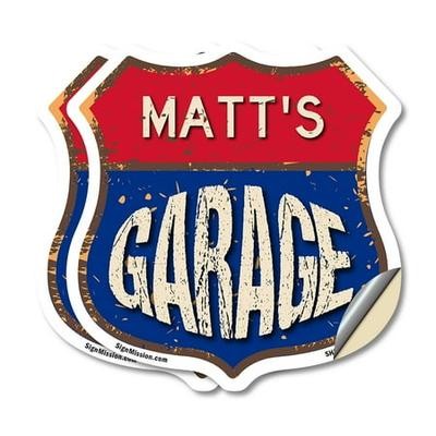 Matt S Garage (2 Pack) 18 Inch X 18 Inch Shield Shaped Heavy Duty 3.2 Mil Vinyl Decals Weather Resistant  UV Protected to Last  Gift for Dads and Uncl