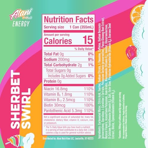 Alani Nu SHERBET SWIRL Sugar Free, Low Calorie Energy Drinks, 200mg Caffeine, Biotin B Vitamins, Zero Sugar, 10 Calories, 12 Fl Oz Cans, 12 Pack thumbnail