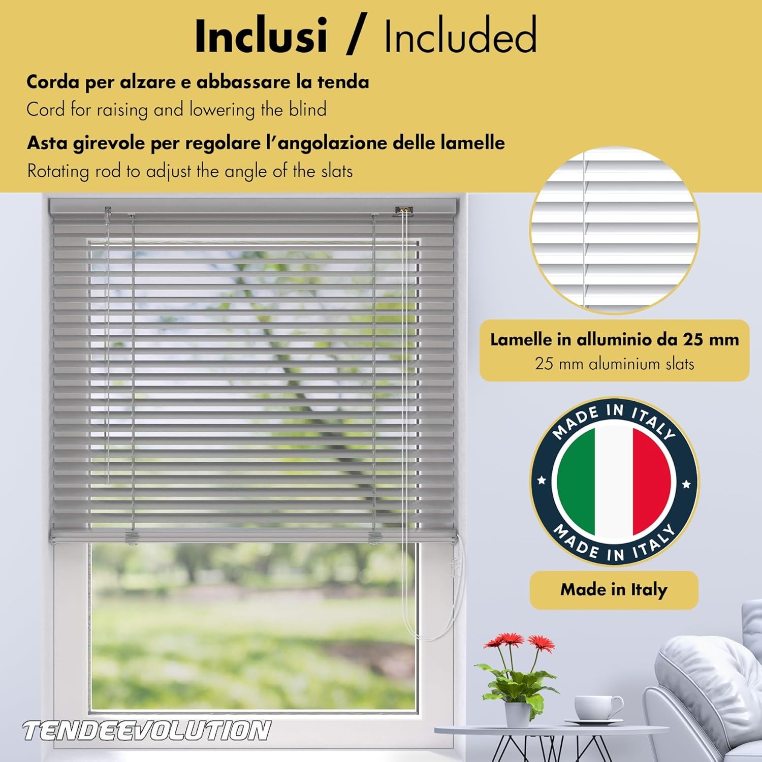 Tenda Veneziana Su Misura in Alluminio, Lamella Da 25mm - Larghezza 1,25 X Altezza 2,50, Col. Nero 0049, Comando E Orientamento a Destra thumbnail