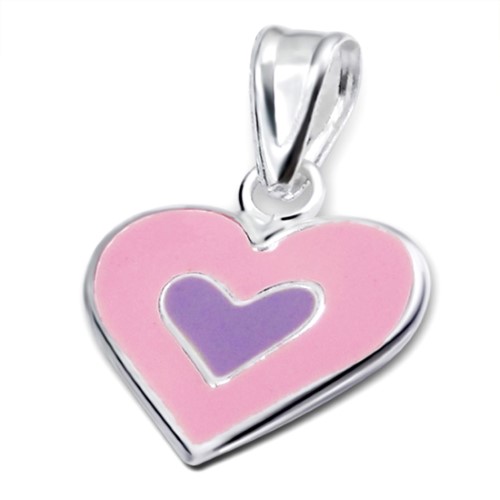 Light Pink and Purple Children's Heart Pendant in Sterling Silver and Epoxy, 14