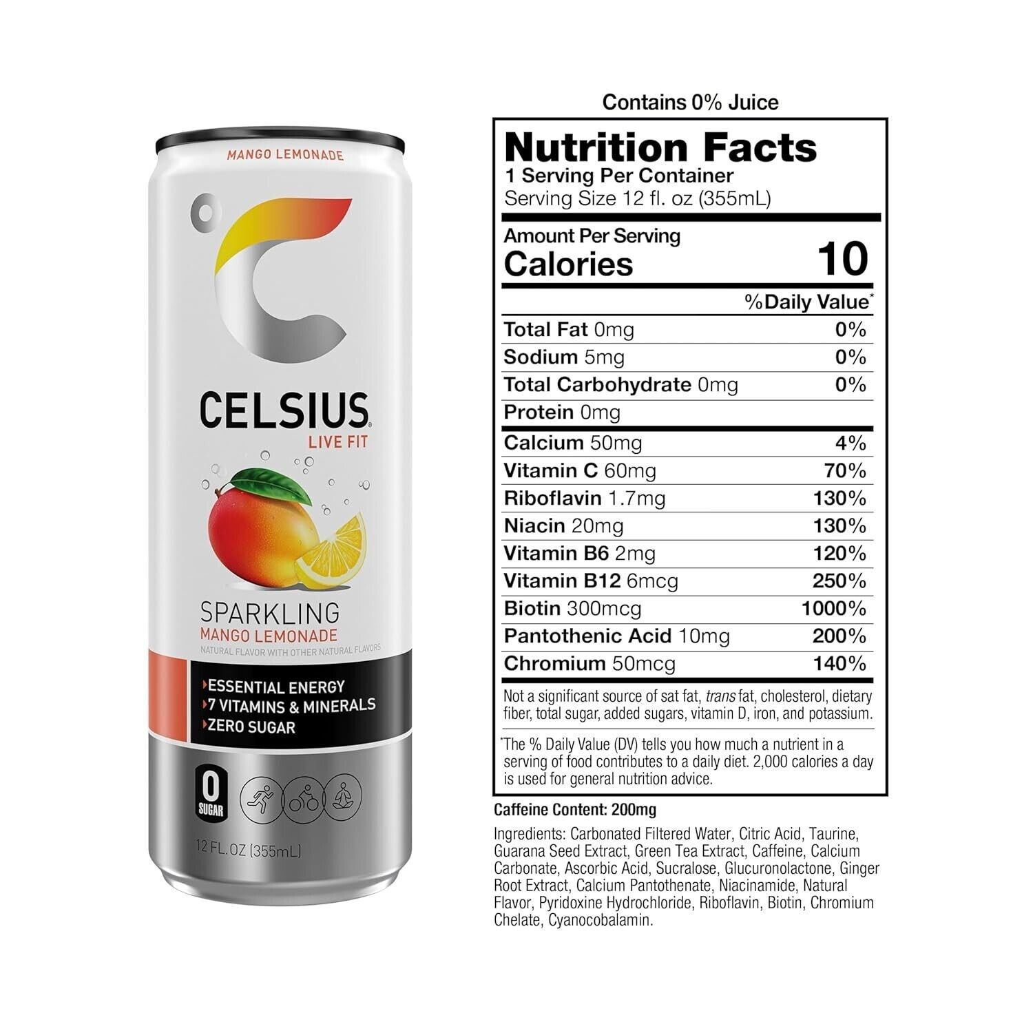 CELSIUS Sparkling Mango Lemonade, Functional Energy Drink 12 Fl Oz (Pack of 12) thumbnail