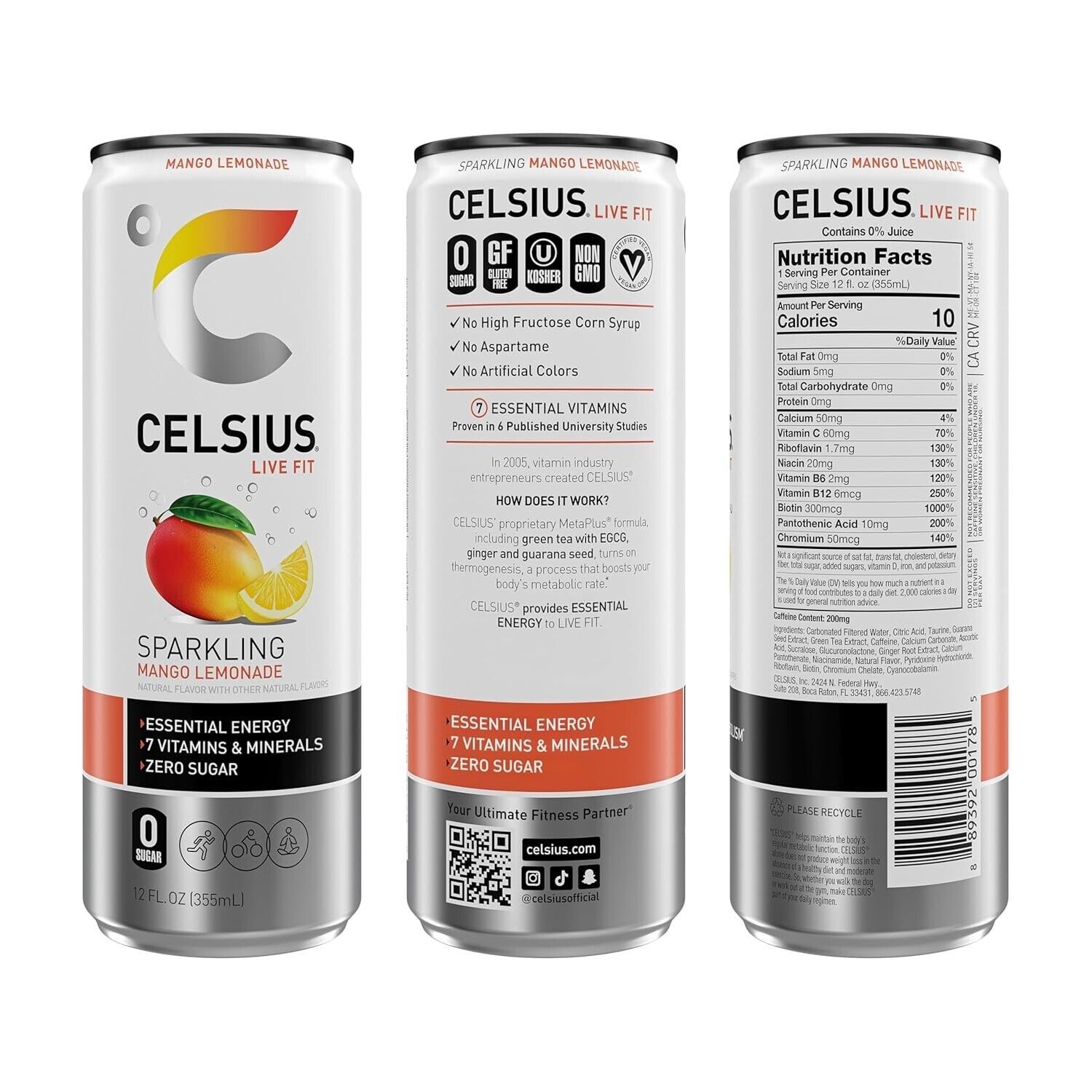 CELSIUS Sparkling Mango Lemonade, Functional Energy Drink 12 Fl Oz (Pack of 12) thumbnail