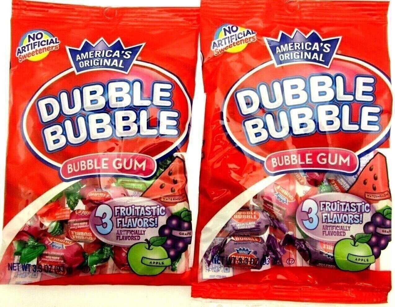 Dubble Bubble 3 Flavor Fruit Mix Double Bubble Gum Chewing Two 3.3oz Bags