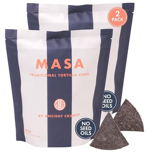 MASA Chips Blue Corn Tortilla Chips - Naturally Grown Blue Corn with Grass Fed Tallow and Sea Salt Tortilla Chips - No Seed-Oil Snacks - 2 Pack, 5 Oun