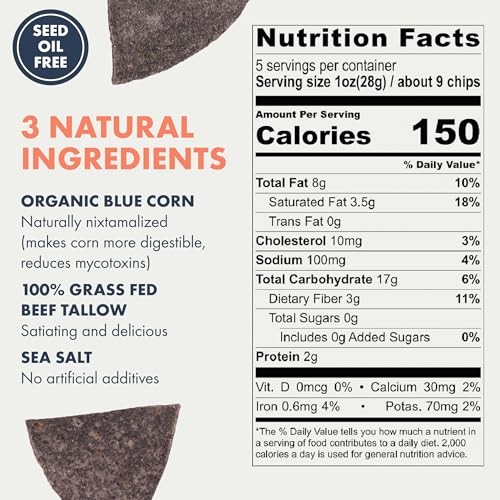 MASA Chips Blue Corn Tortilla Chips - Naturally Grown Blue Corn with Grass Fed Tallow and Sea Salt Tortilla Chips - No Seed-Oil Snacks - 2 Pack, 5 Oun thumbnail
