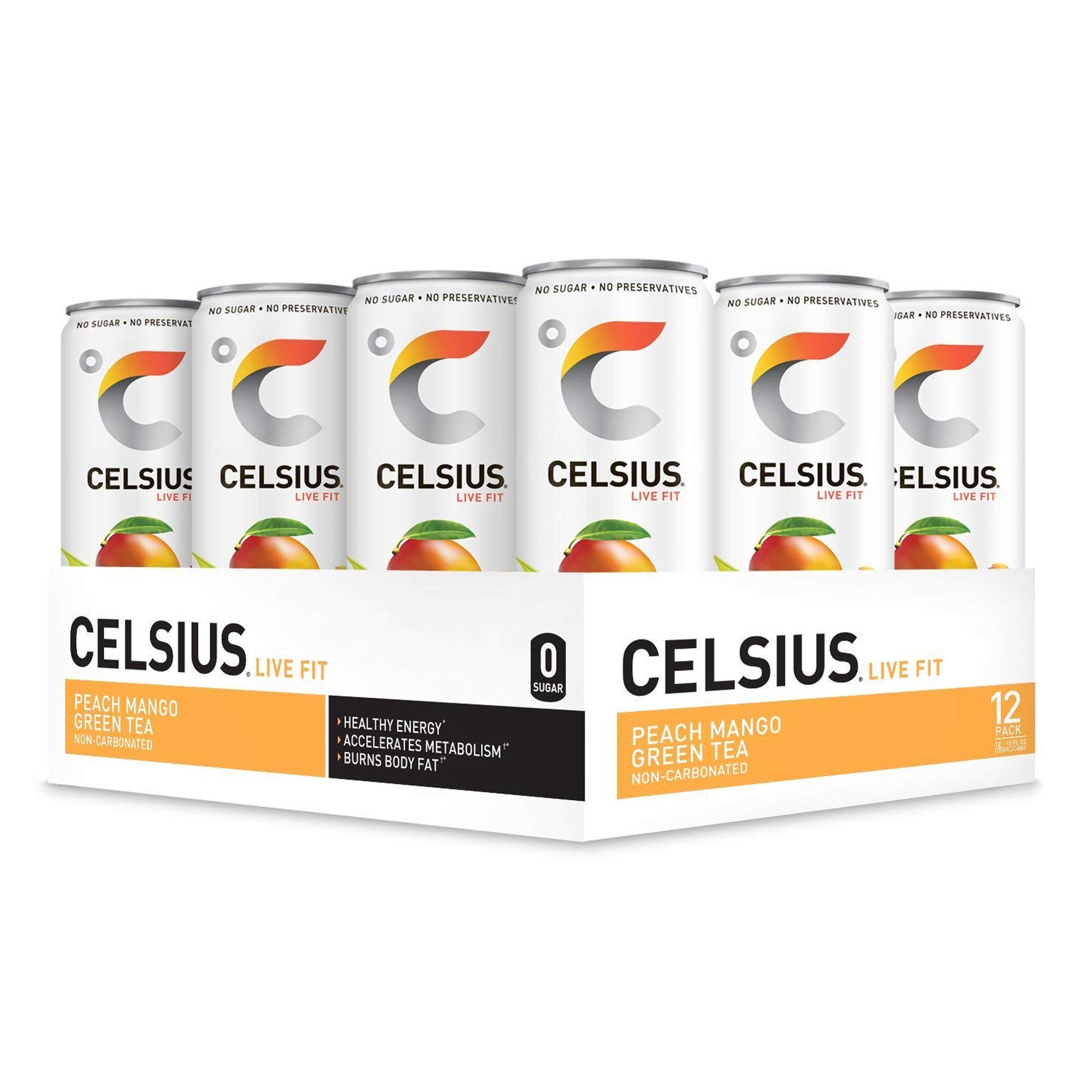 Celsius Energy Drink Non-Carbonated Peach Mango Green Tea 12 Fl Oz Each / Pack of 12