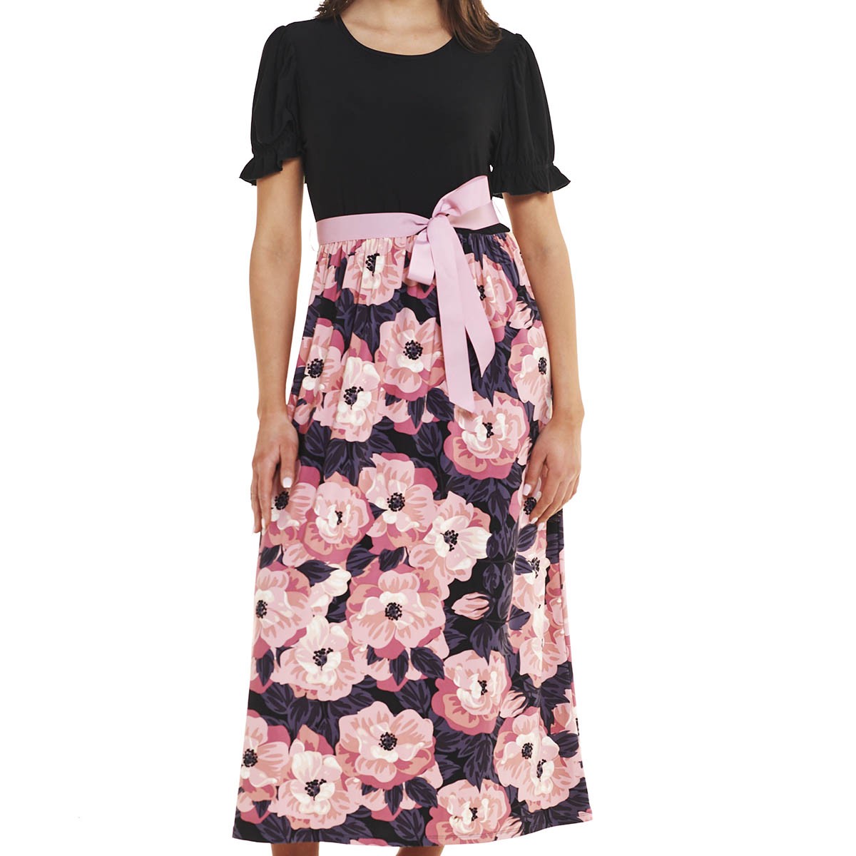 Womens Violet B Short Puff Sleeve Sash Tie MIDI Dress thumbnail