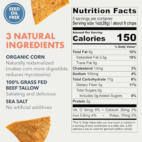 MASA CHIPS - Tortilla Chips Snack Pack - Seed Oil Free, Naturally Grown Corn Chips - Low Carb Snacks - Made with Grass Fed Tallow & Sea Salt Tortilla  thumbnail