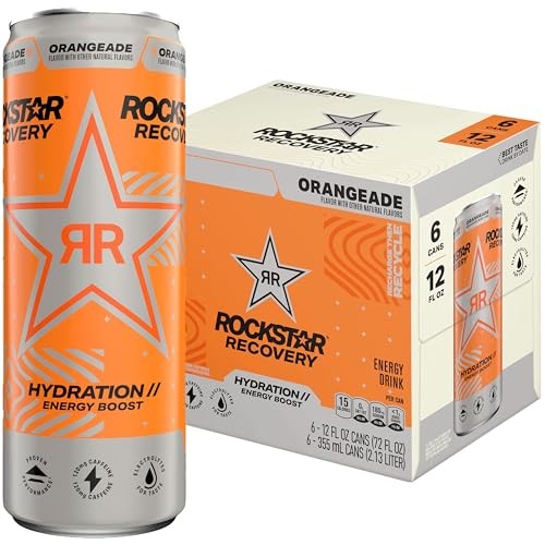 Rockstar Energy Drink with Caffeine Taurine and Electrolytes, Recovery Orange, 12 Fl Oz Cans (6 Pack)