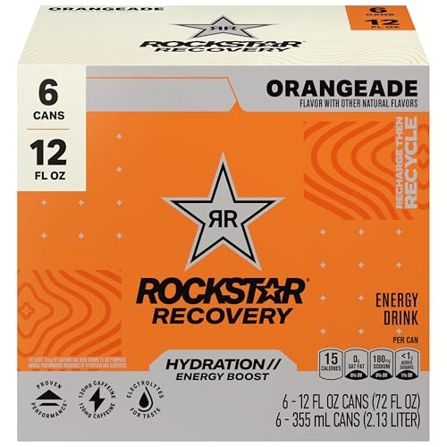 Rockstar Energy Drink with Caffeine Taurine and Electrolytes, Recovery Orange, 12 Fl Oz Cans (6 Pack) thumbnail