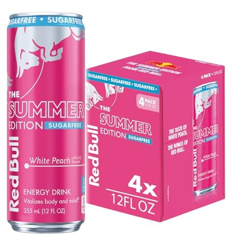 Red Bull Sugar-Free White Peach Summer Edition Energy Drink, with 114mg Caffeine Plus Taurine & B Vitamins, 12 Fl Oz, 4 Pack
