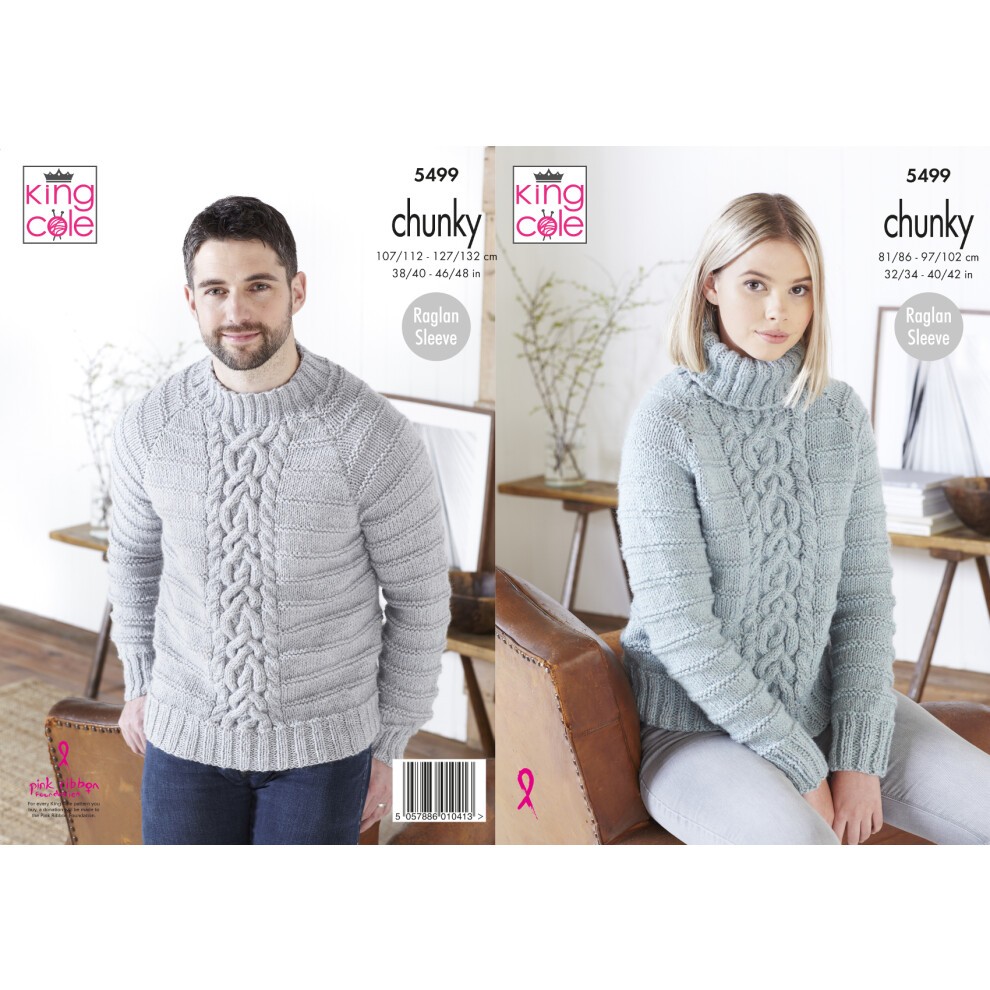 King Cole 5499 Chunky Knitting Pattern Ladies Mens Cable Knit Sweater