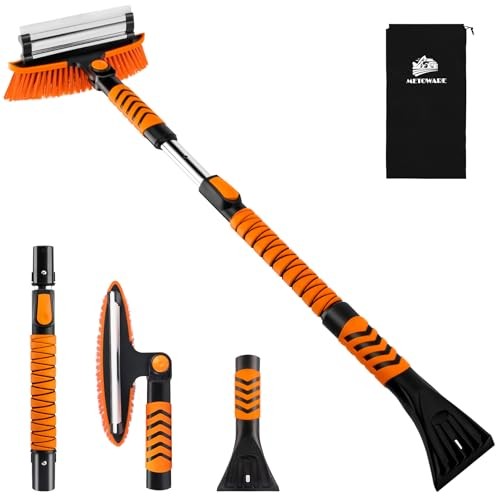 METOWARE 42.2'' Snow Brush and Ice Scrapers for Car Windshield, Extendable Snow Brush for Car with Ergonomic Foam Grip and 360 Pivoting Brush Head for