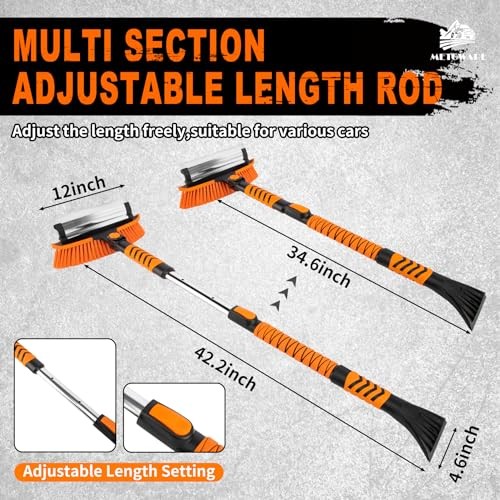 METOWARE 42.2'' Snow Brush and Ice Scrapers for Car Windshield, Extendable Snow Brush for Car with Ergonomic Foam Grip and 360 Pivoting Brush Head for