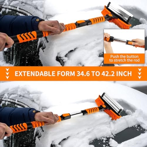 METOWARE 42.2'' Snow Brush and Ice Scrapers for Car Windshield, Extendable Snow Brush for Car with Ergonomic Foam Grip and 360 Pivoting Brush Head for
