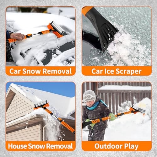 METOWARE 42.2'' Snow Brush and Ice Scrapers for Car Windshield, Extendable Snow Brush for Car with Ergonomic Foam Grip and 360 Pivoting Brush Head for