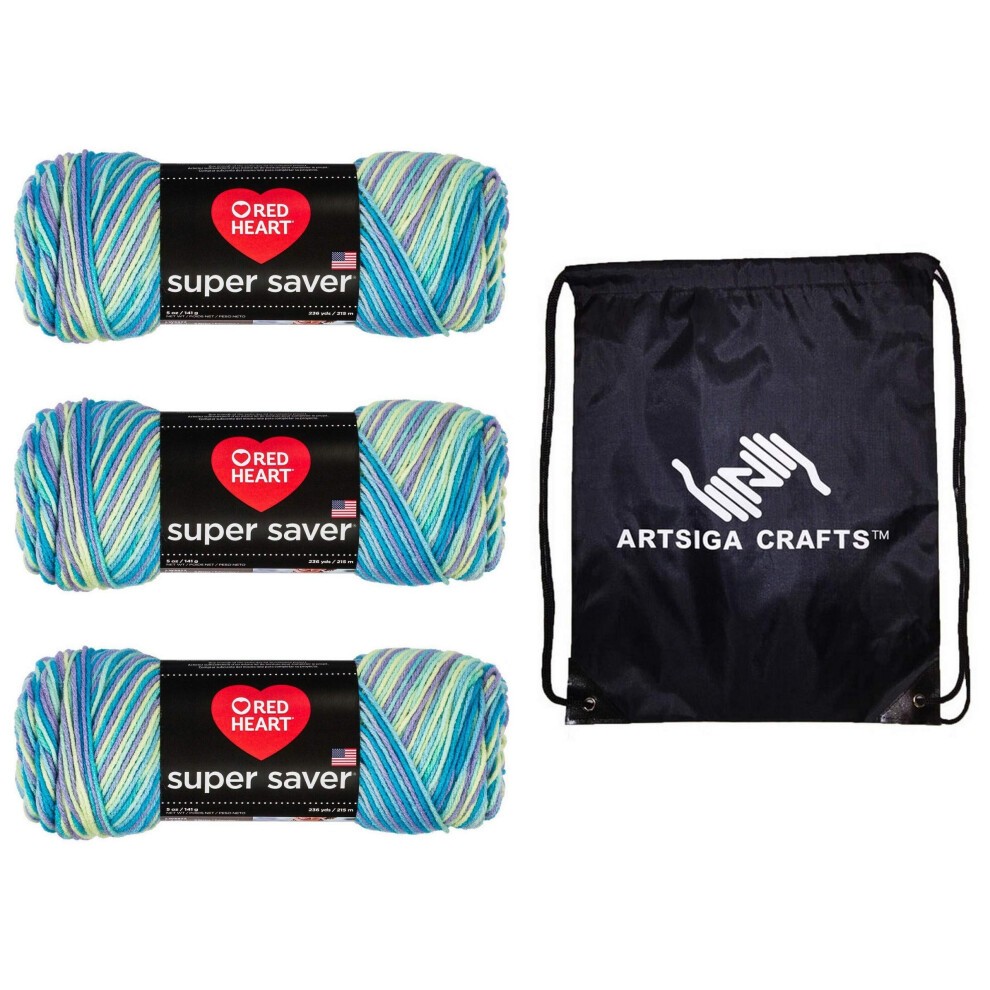 Red Heart Super Saver Pooling Stillwater E300P-8532 (3-Skeins - Same Dye Lot) Worsted Medium #4 Acrylic Yarn for Crocheting and Knitting - Bundle with