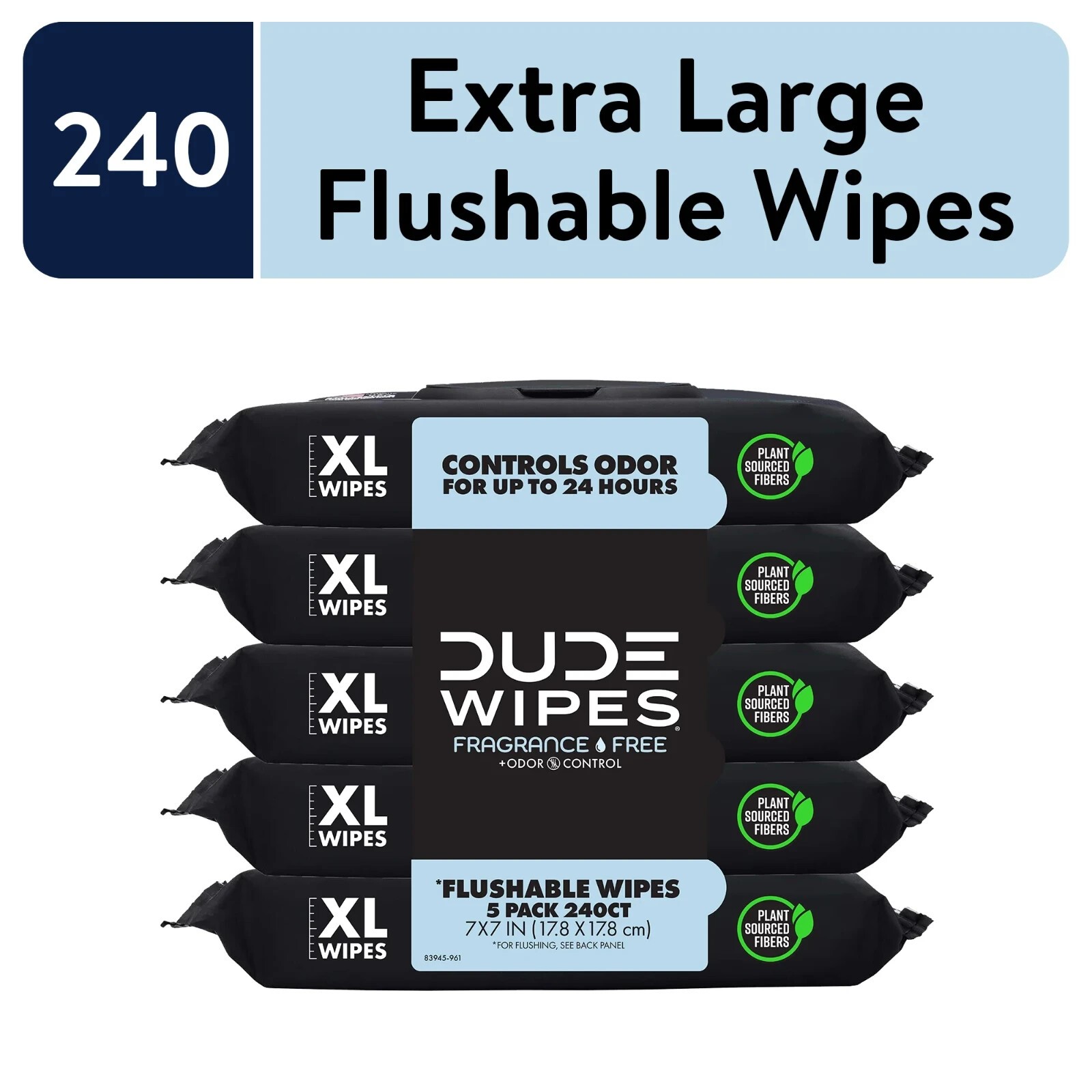 DUDE Wipes Fragrance Free Plus Odor Control  XL Wet Wipes  48 Count  5 Pack