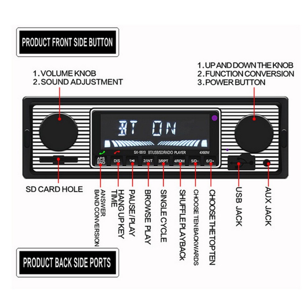 1 DIN Retro Car Stereo Audio Automotive Bluetooth with USB USB/SD/AUX Card FM MP3 Player PC Type:-5513 thumbnail