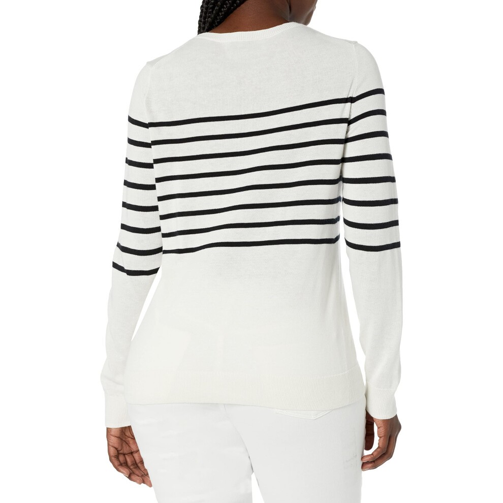 Amazon Essentials Women's Long-Sleeve Lightweight Crewneck Sweater Available in Plus Size  Black White Placed Stripe  Small thumbnail