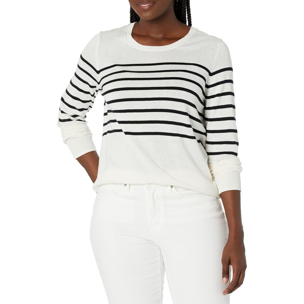 Amazon Essentials Women's Long-Sleeve Lightweight Crewneck Sweater Available in Plus Size  Black White Placed Stripe  Medium