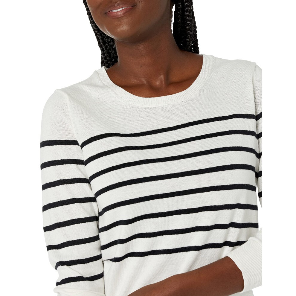 Amazon Essentials Women's Long-Sleeve Lightweight Crewneck Sweater Available in Plus Size  Black White Placed Stripe  Medium thumbnail