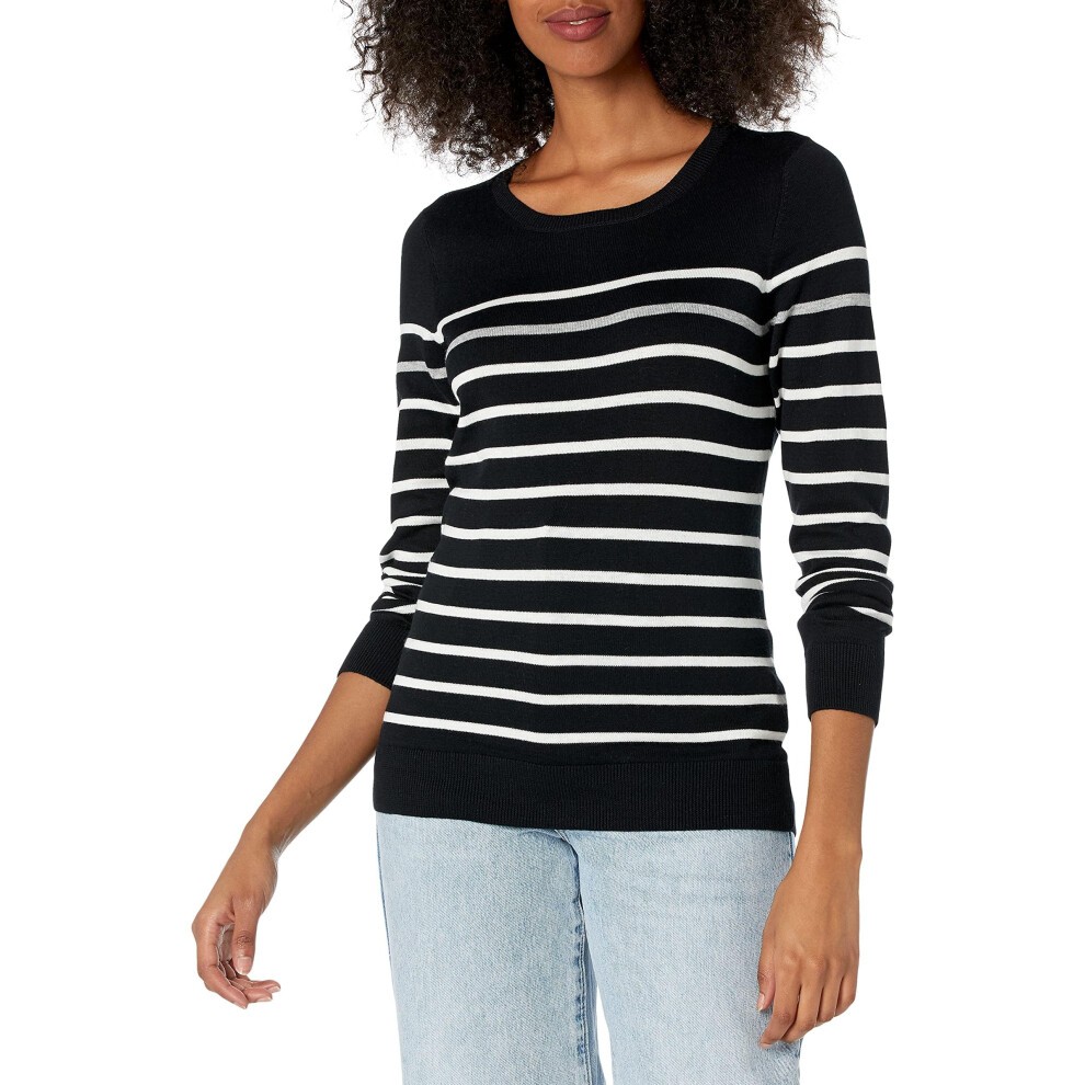 Amazon Essentials Women's Long-Sleeve Lightweight Crewneck Sweater Available in Plus Size  Black Grey White Stripe  Small